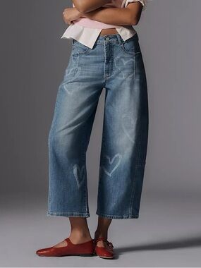 Anthropologie Pilcro The Kenna Mid-Rise Barrel Jeans Heart Print 28